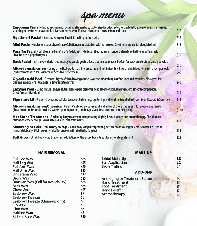 menu spa web hair would