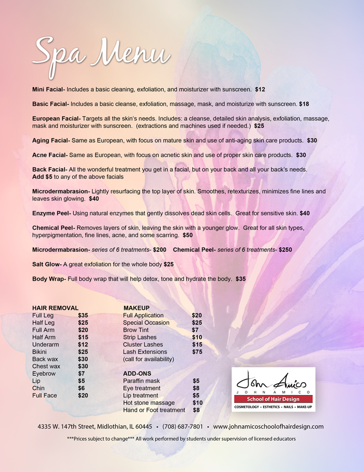 Spa services prices oak forest il john amico school of hair design