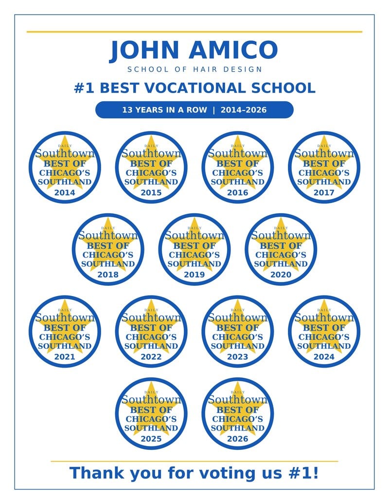 John Amico School of Hair Design, Daily Southtown Best of Chicago&rsquo;s Southland, 13 years in a row, 2014 to 2026
